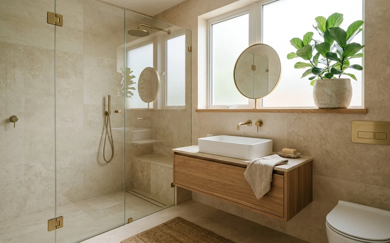 Modernes Bad mit Walk-in-Dusche, beigen Natursteinfliesen und Messing-Armaturen