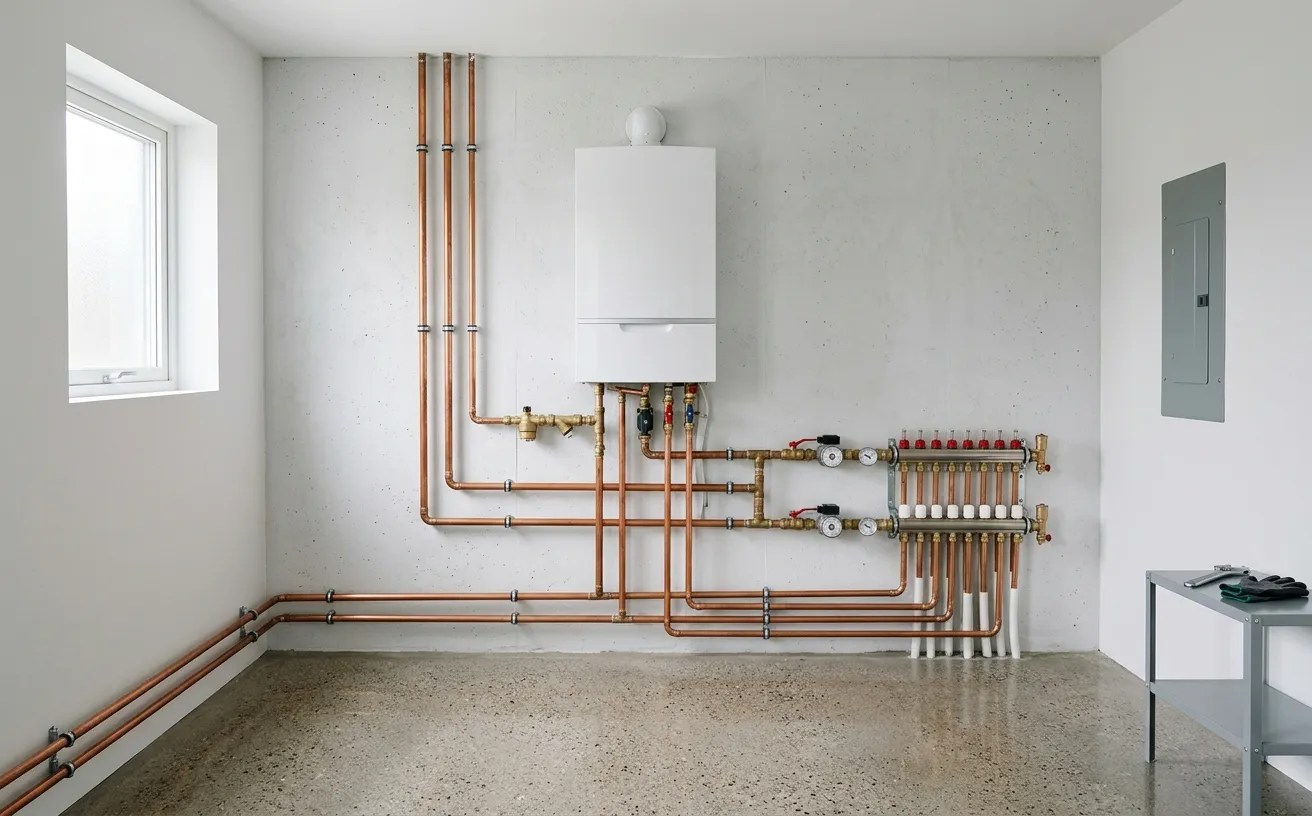 Moderne Heizungsanlage mit Kupferleitungen und Verteiler in einem Heizraum