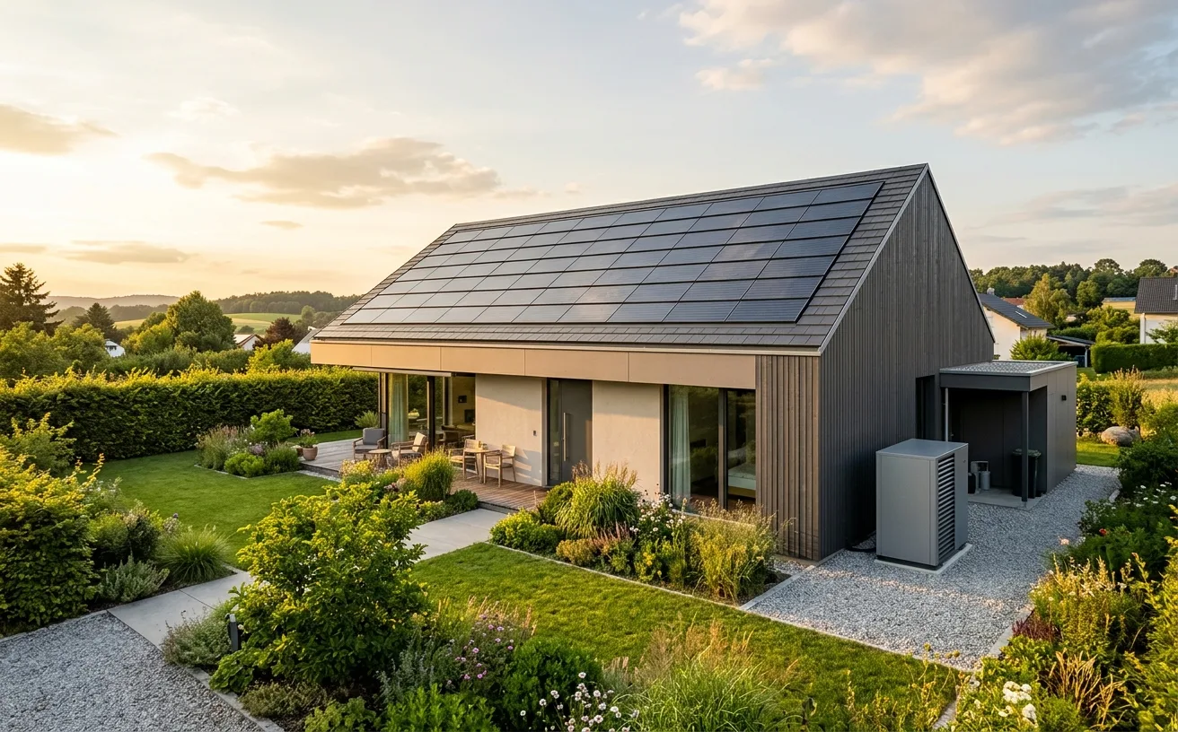 Energieautarkes Einfamilienhaus mit Photovoltaik auf dem Dach und Wärmepumpe an der Hauswand