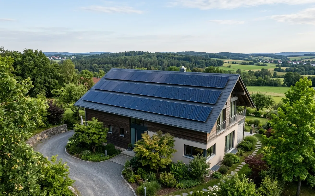 Photovoltaik-Solarpanele auf dem Dach eines modernen Einfamilienhauses