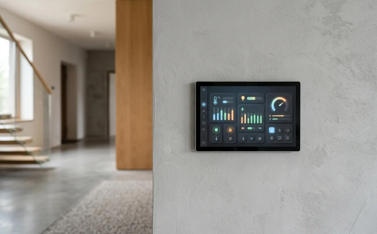 Wandmontiertes Smart-Home-Touchscreen-Display in einem modernen Hausflur