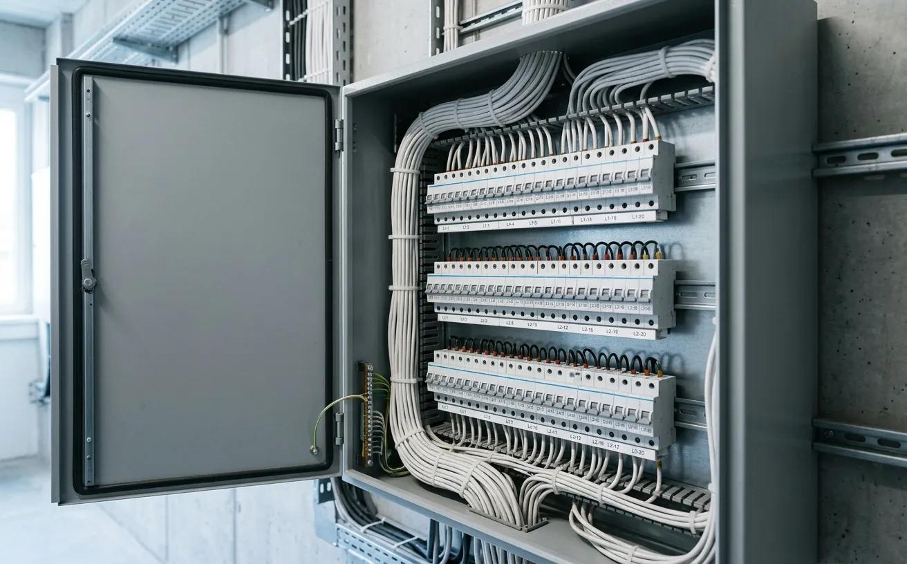 Moderner Elektro-Verteilerschrank mit sauber gelabelten Sicherungen und Kabeln