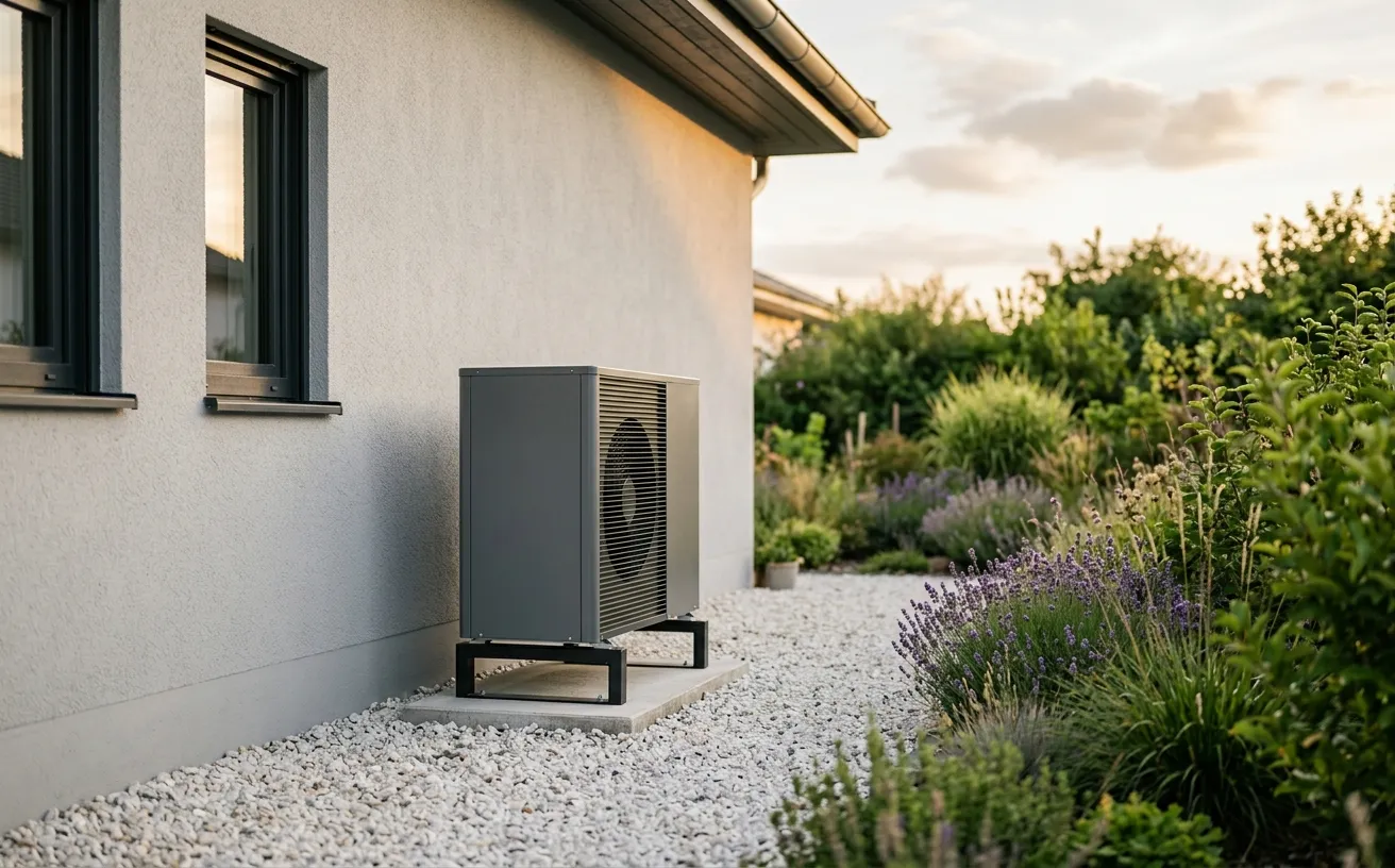 Außeneinheit einer Luft-Wärmepumpe installiert auf einem Schotterbett neben einem modernen Haus